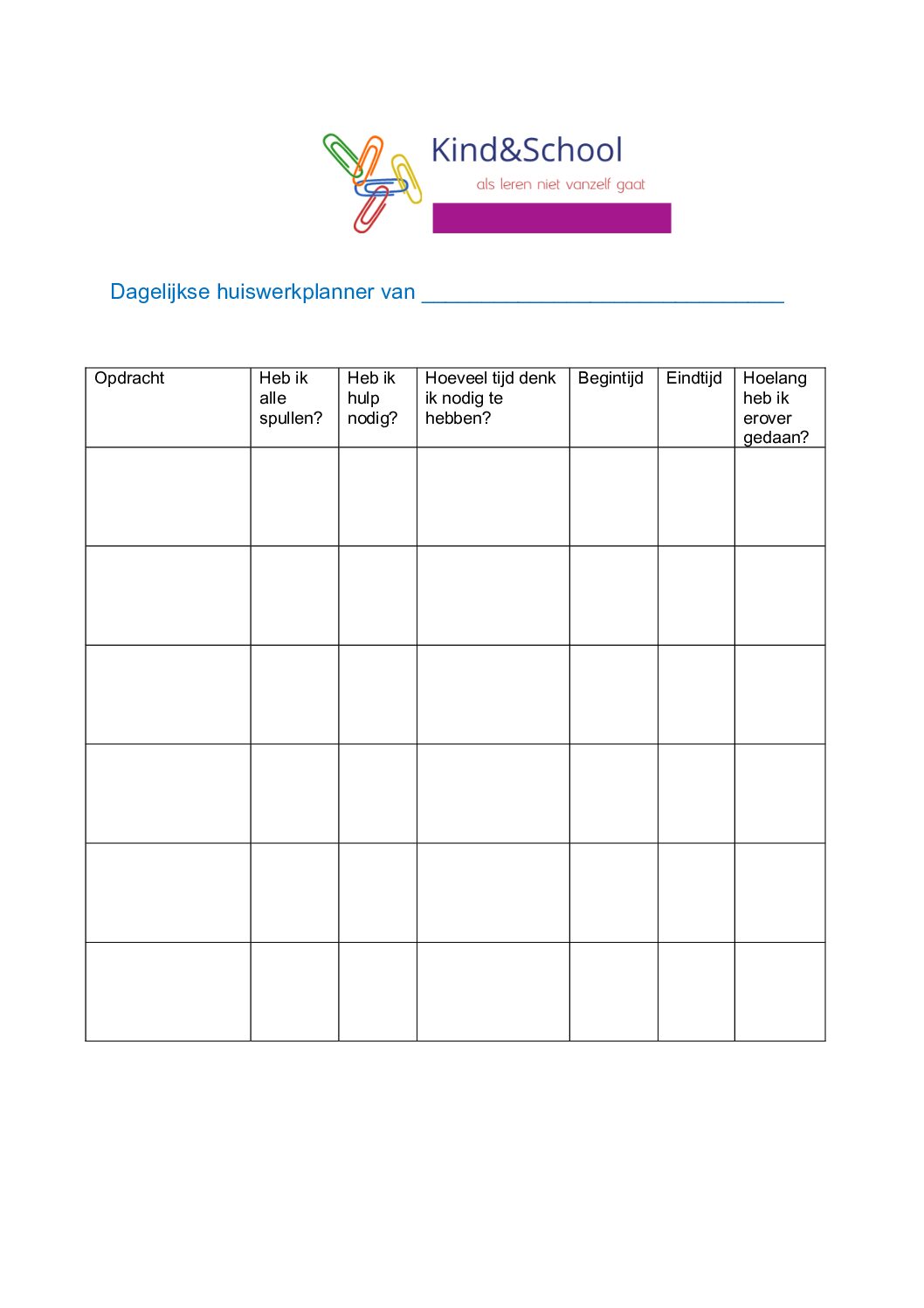 Dagelijkse huiswerkplanner
